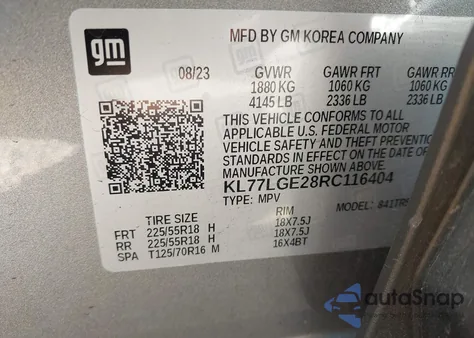 2024 Chevrolet Trax Fwd 1Rs z USA, uszkodzony, nr VIN KL77LGE28RC116404